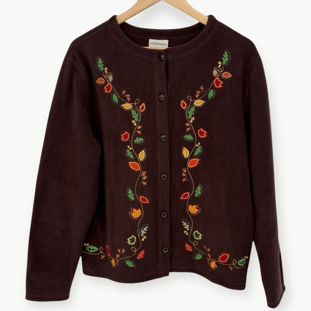 Vintage Maggie Embroidered Fleece Cardigan Size Large Brown 90s Cottagecore - Picture 7 of 9